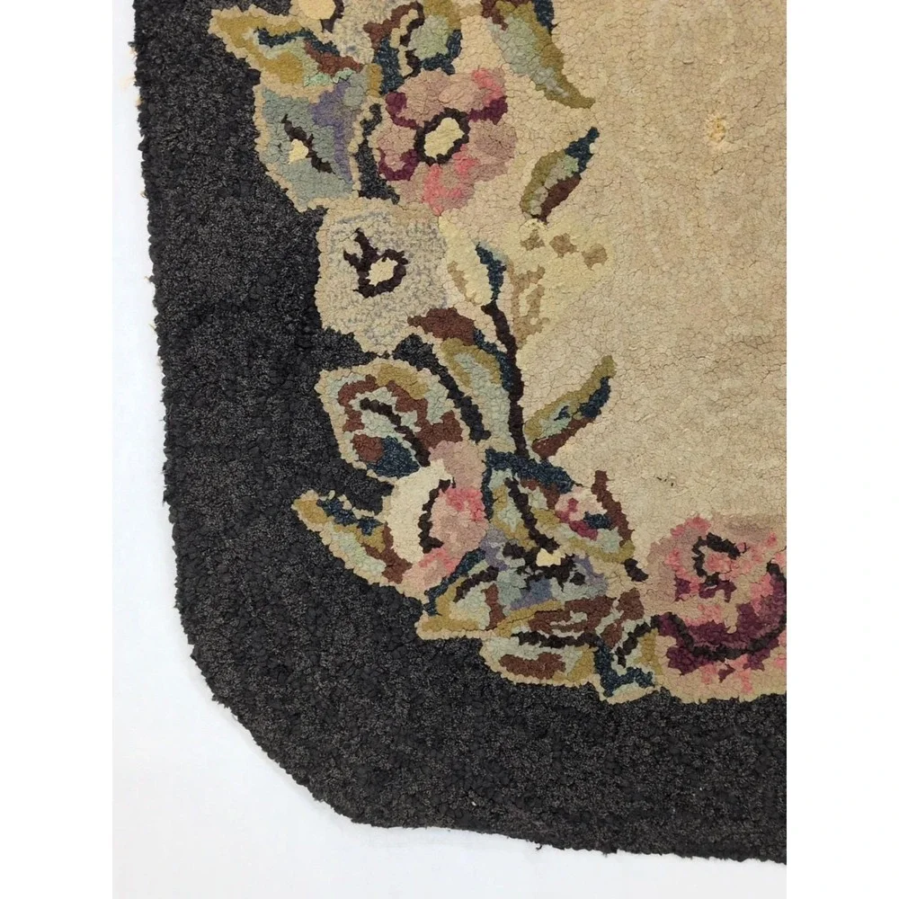 Vintage Hooked Rug Wool Early  Black Floral Pattern Oval 34